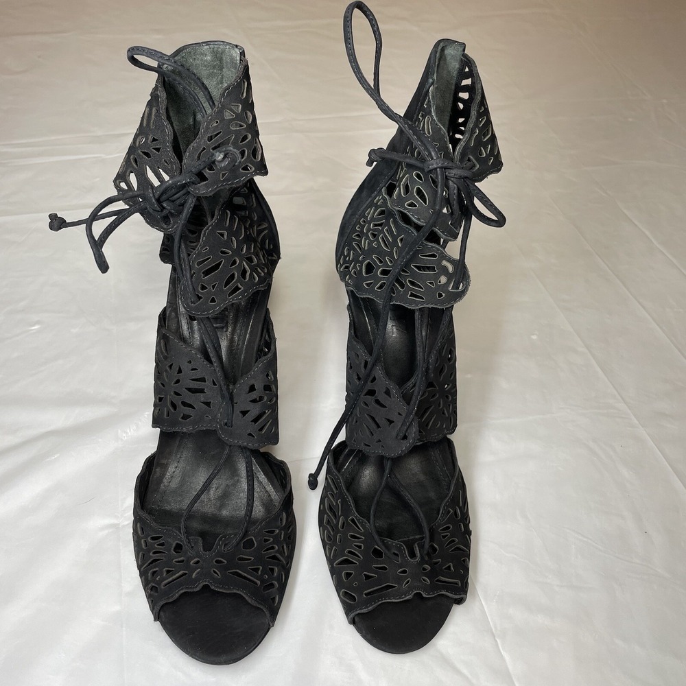 Schutz Women's Size 8B Black Suede Cut Out Lace Up Open Toe High Heels Sandals